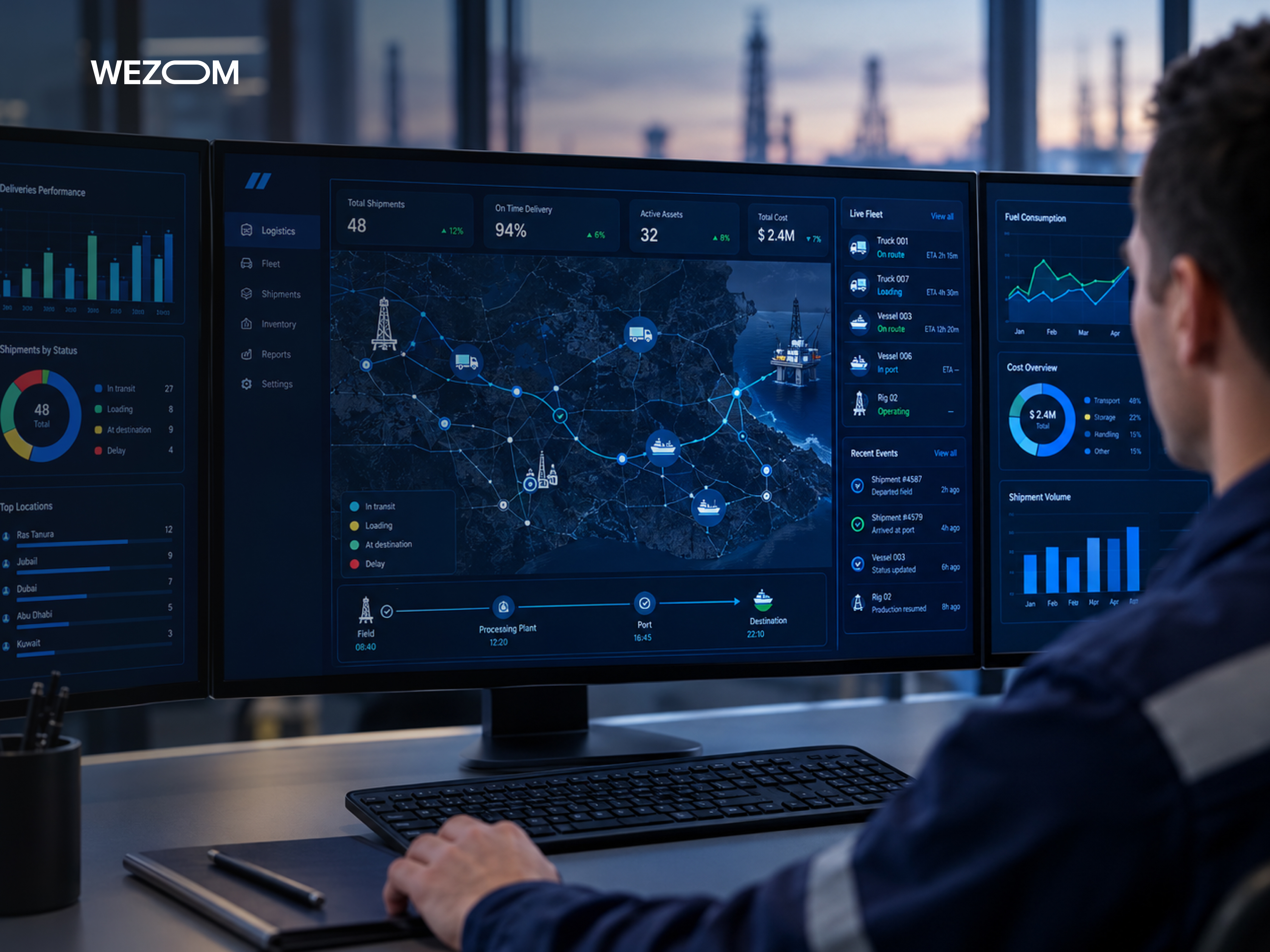 Gas transportation software dashboard tracking shipments, fleet assets, delivery routes, fuel consumption, and costs Gas transportation software dashboard tracking shipments, fleet assets, delivery routes, fuel consumption, and costs